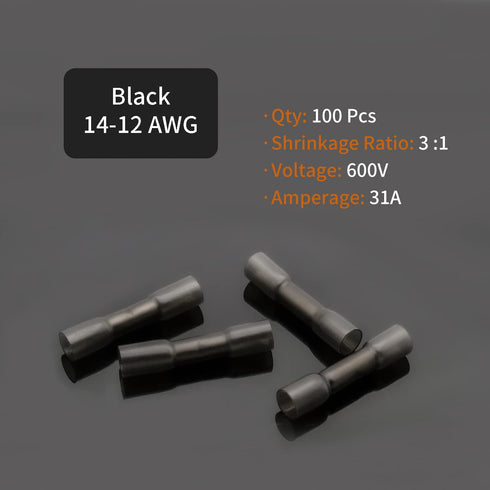 14-12 AWG Butt Connectors, 50Pcs Black Electrical Wire Connector, Insulated Waterproof for Automotive