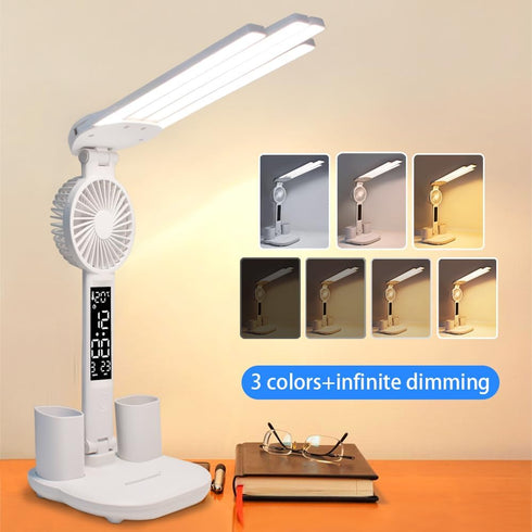 niccryle 3 Dimmable Foldable Led Desk Lamp with Fan Clock Light Study, Lighting Modes, Adjustable Table Lamp Eye Caring
