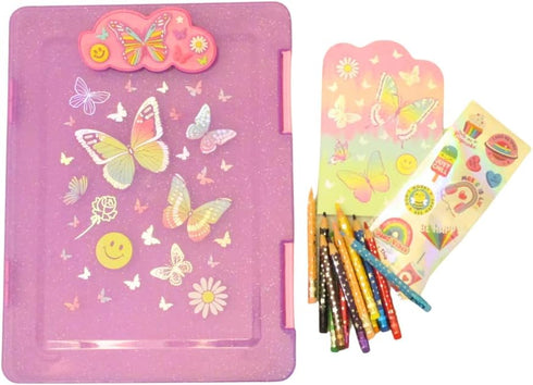 Kids Clipboard Storage Case – Cute Butterfly Design Pink Clip Board with 12 Erasable Colored Pencils, Pad, Stickers