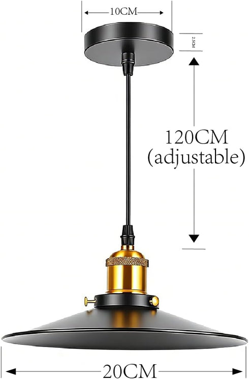7.87 Inch E26/E27 Industrial Black Saucer Pendant Light with Brass Socket, Vintage Metal Hanging Light Fixture, Pendant