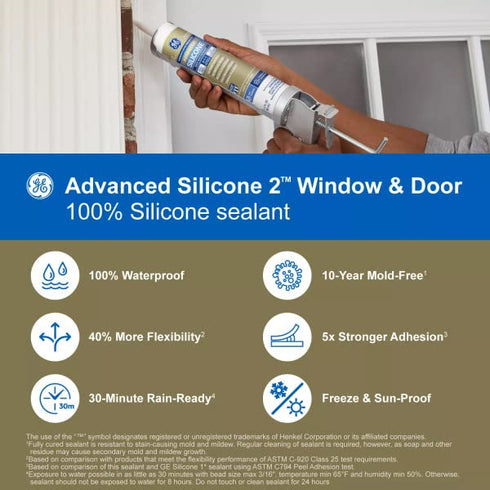 GE Advanced Silicone Caulk for Window & Door, 100% Waterproof Sealant, 10 oz Cartridge, White