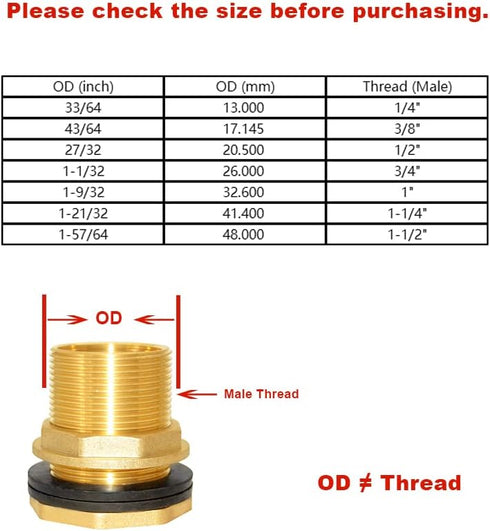Hooshing Brass Bulkhead Fitting, 3/8" Female to 1/2" Male Thread Water Tank Connector with Rubber Ring