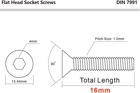 M6-1.0 x 16mm Flat Head Socket Cap Screws, Stainless Steel 18-8, 25 PCS, Bright Finish