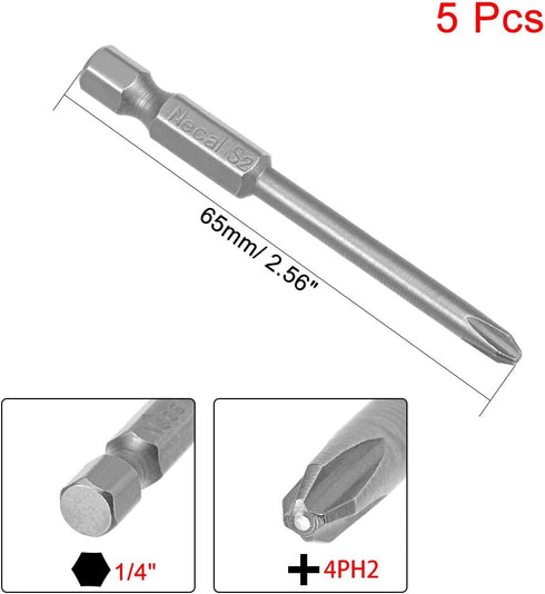 uxcell 5 Pcs 4mm PH2 Magnetic Phillips Screwdriver Bits, 1/4 Inch Hex Shank 2.56-inch Length S2 Power Tool by uxcell