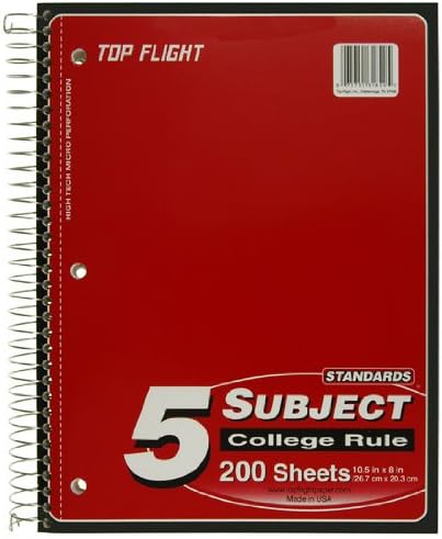 Top Flight 5-Subject Wirebound Notebook, 200 Sheets, College Rule, 10.5 x 8 Inches, Color May Vary