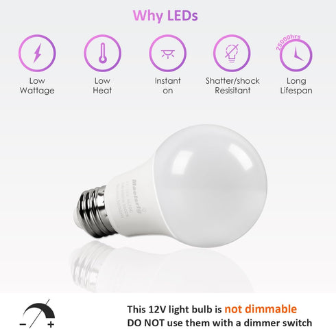 12V LED Bulb 6W (50W Equivalent), Daylight 5000K, 12V-24V AC/DC, 600 Lumens, Non-Dimmable, A19 E26 Base, Pack of 6