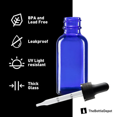 The Bottle Depot 24 Pack 1 oz Glass Bottles with Dropper, Blue, Boston Round Bottles