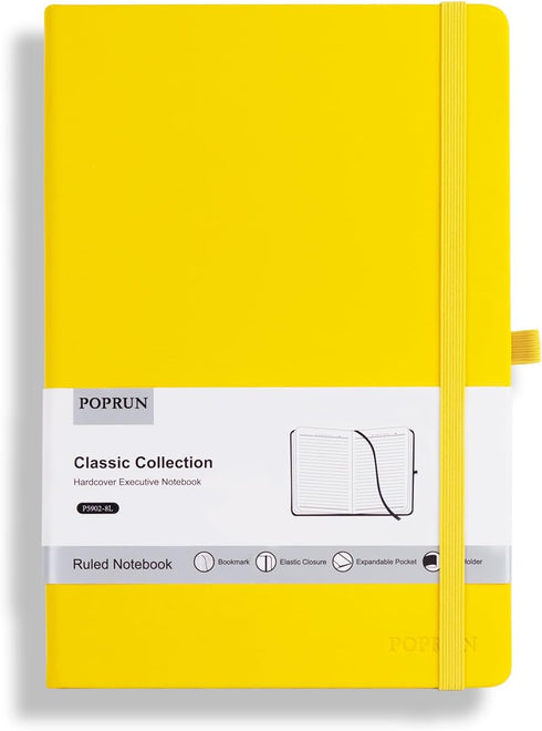 POPRUN A5 Lined Journal Notebooks, Leather Hardcover, Thick Notebook for Writing, 5.5 x 8.3 inch, 240 Pages, Yellow