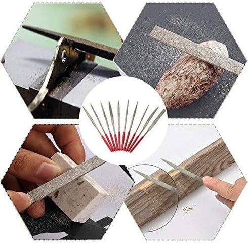 YAKAMOZ 10pc Mini Diamond Metal Files Set - Micro Round Needle, Triangular Square Flat Riffler Files for Jewelry, Wood,