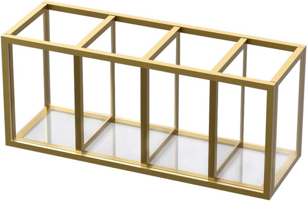 NIUBEE Acrylic Pen Holder, 4 Compartments, Gold Copper Border Pencil Organizer Cup for Desk Accessory Storage