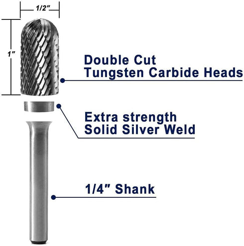SC-5 Tungsten Carbide Burr, Cylinder Shape with Radius End, Double Cut Rotary Burr File (1/2" Cutter Dia X 1" Cutter