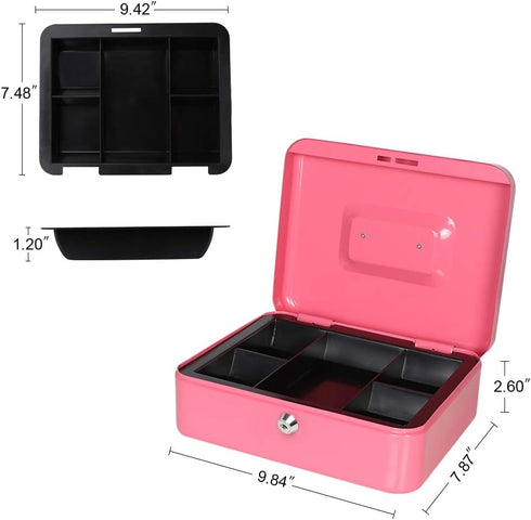 Cash Box with Money Tray, Large Money Box with Key Lock, 9.8 x 7.9 x 3.5 inches, Pink