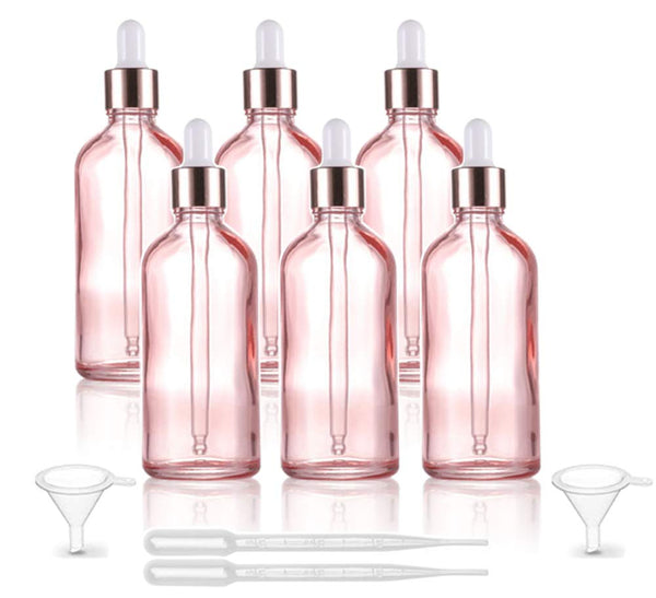 Furnido 6 Pcs,3.4 Oz Pink Glass Dropper Bottle for Essential Oils,Empty Glass Massage