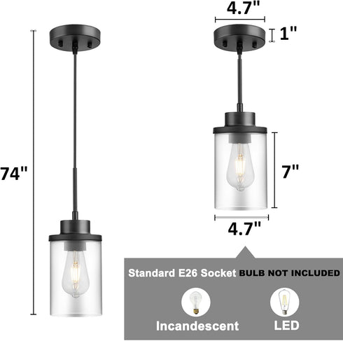 Modern Black Farmhouse Clear Glass Cylinder Pendant Light Fixture,Ceiling Hanging Metal Industrial Mini Pendant