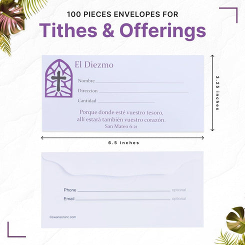 SPANISH ENVELOPE FOR TITHE AND OFFERING - 100 COUNT (El Diezmo) CHURCH OFFERING ENVELOPE FOR TITHING