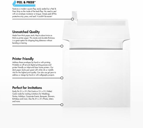 LUXPaper Square Invitation Envelopes, Peel & Press, 5 3/4" x 5 3/4", White Linen, 80lb, 50 Qty