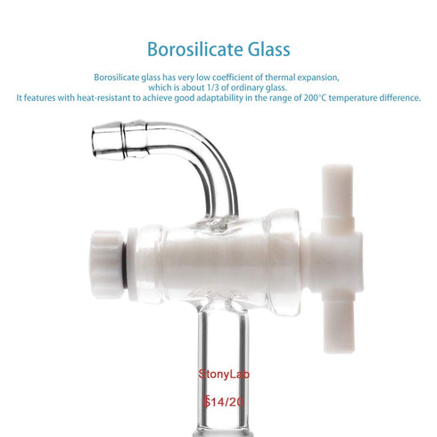 StonyLab Vacuum Flow Control Adapter with PTFE Stopcock - 14/20 Joint and Bent Hose Connection for Lab Supply