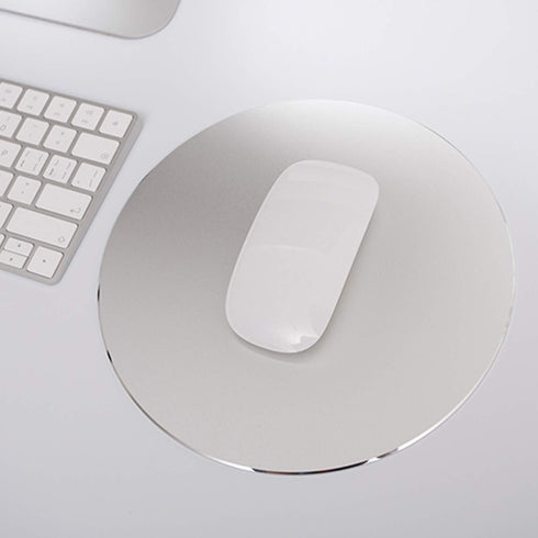 Metal Aluminum Mouse Pad, Round Thin Hard Mouse Mat with Leather Surface, Silver and Black for Precision Control