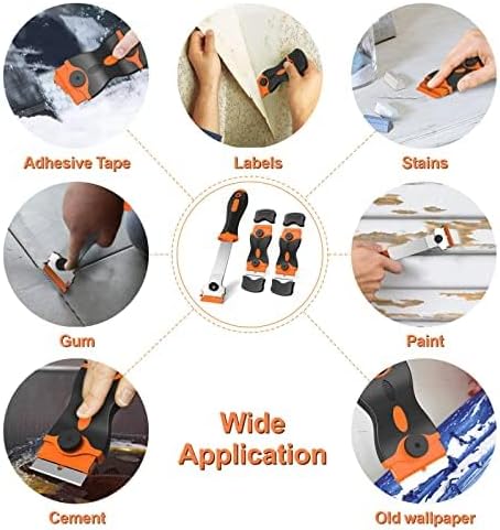 3 Pack Razor Blade Scraper, Plastic Scraper Tool with Extra 30 Plastic and Metal Blades for Various Uses