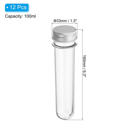 PATIKIL 100ml Plastic Test Tubes with Screw Caps, 12Pcs 160x33mm Tubes for Scientific Party Decoration Candy Bead Storage Bath Salt Lab Use, Silver Tone