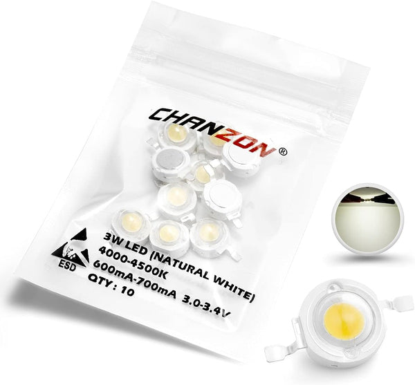 CHANZON 10 pcs High Power LED Chip 3W Natural White (4000K - 4500K) Super Bright SMD COB Light Emitter