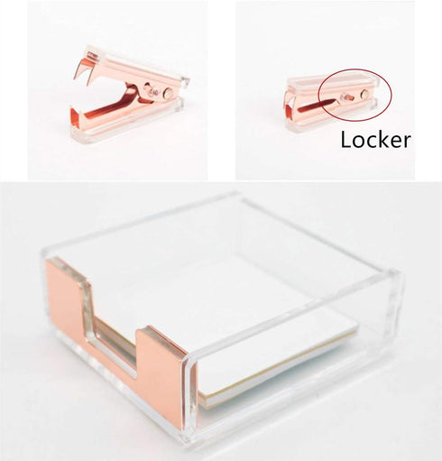 Clear Acrylic Rose Gold Self-Stick Note Cube Holders & Staple Removers Set - 3.5x3.3 Inch Memo Pad