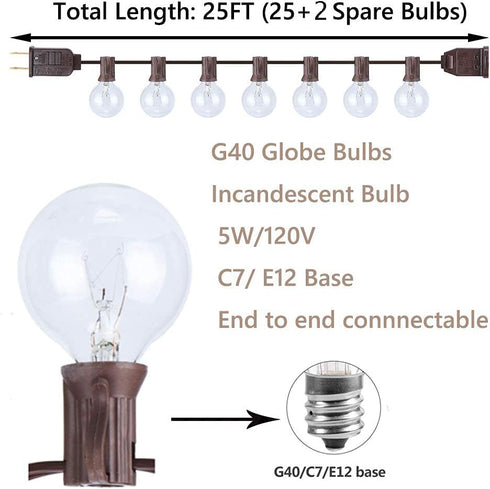 25FT 27 G40 Bulbs (2 Commercial C7/E12 GOOTHY Outdoor String Lights, Hanging Patio Lights String with Clear Globe