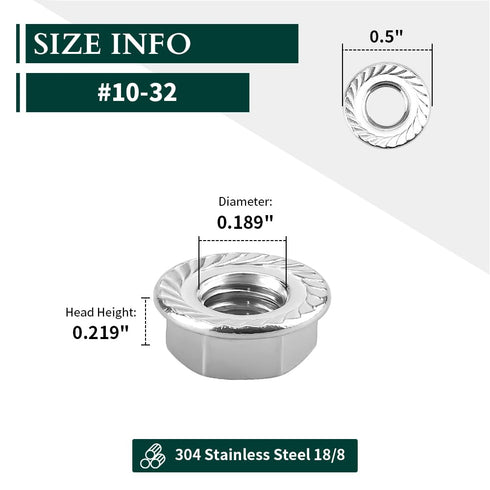 10# 32 Serrated Flange Hex Lock Nuts, 304 Stainless Steel 18-8 Anti-Loose Nuts for Machinery, 50 PCS