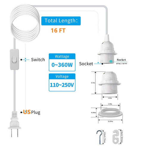 16Ft E26/E27 (whyui3) Plug in Light Socket,Pendant Light Cord Lamp Kit, Pendant Light Cord Kit Light Socket Hanging
