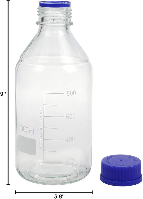 Lab Media Storage Round Bottles, Graduated Glass Container, GL45 Screw Cap, Multi-Purpose, Pack of 4 (Blue, 1000ml)