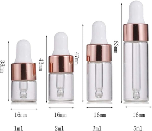 30 Pcs Clear Glass Dropper Bottles, 3ml Essential Oil Sample Bottles with Rose Gold Lids
