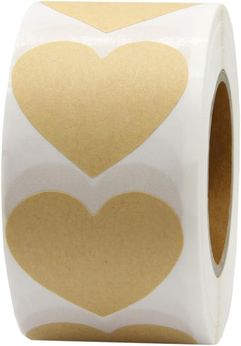 Hcode Love Heart Shape Natural Kraft Labels - 1.5'' Permanent Adhesive Paper Stickers (500 per Roll)