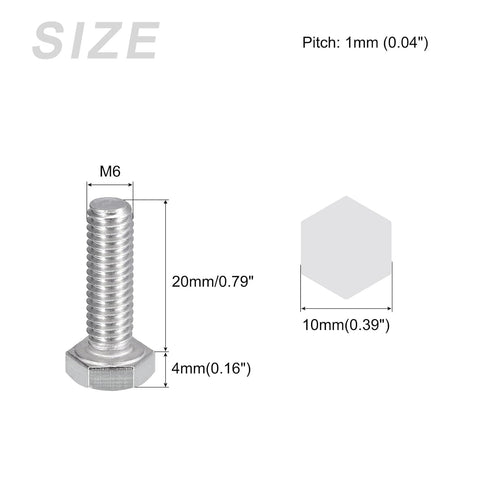 Hex Bolts (M6-1x20mm) 5Pcs, 304 Stainless Steel Coarse Fully Threaded Hex Head Screw Bolts for Furniture Repair