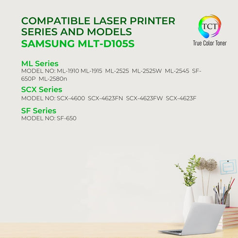 TCT Premium Compatible Toner Cartridge Replacement for Samsung MLT-D105S Black - 1,500 Pages for ML-1910, 1911, 1915,