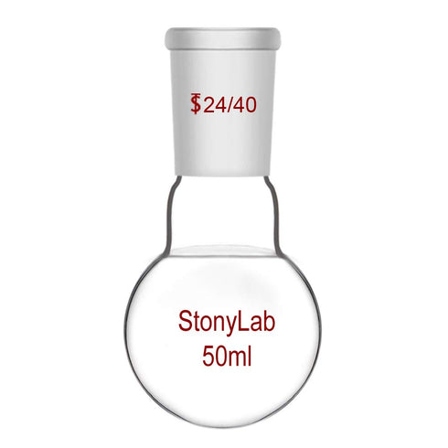 StonyLab 50ml Short Neck Round Bottom Flask, Borosilicate Glass Heavy Wall RBF with 24/40 Taper Outer Joint