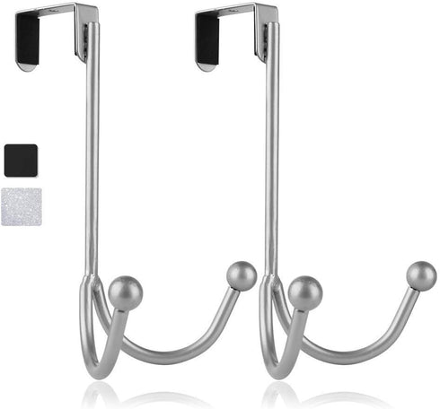 HFHOME 2 Packs Over The Door Double Hanger Hooks, Metal Twin Hooks Organizer for Coats, Hats, Towels - Silver