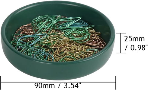 Small Ceramic Paperclip Holder for Desk, Round Paper Clip Holder Push Pin Organizer Macaron Dark Green Paper Clip Dispenser Desktop Organizer Cute Storage Plate Desk Accessories