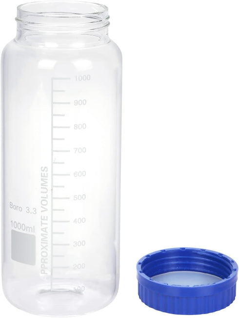 Moonetto 2 Pack 1000 mL Wide Mouth Graduated Round Borosilicate Glass Bottle with GL70 Blue Polypropylene Screw Cap