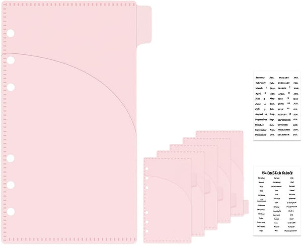 Pink Cash Envelopes A6 Binder Pockets with 6 Tabs and Label Stickers for Budgeting, A6 6-Ring Budget Binder Accessories