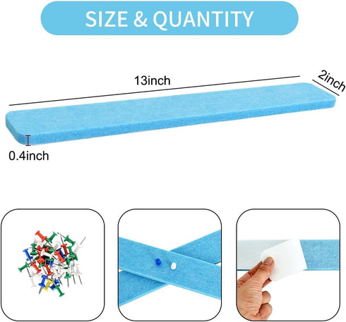 Vuzvuv 8 Pcs Sky Blue Cork Board Strips with 50 Pushpins & Sticky Notes, Self-Adhesive Wall Felt Pin Board