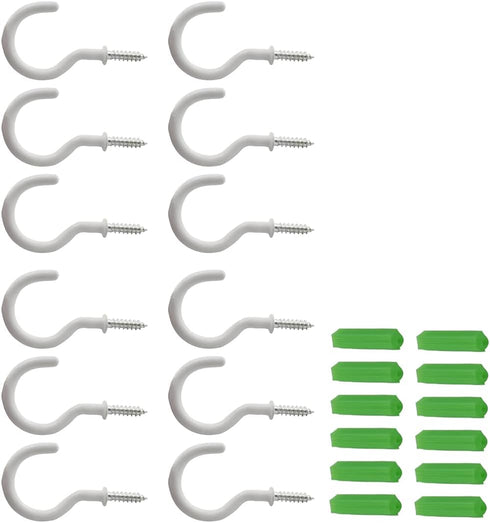 Aifeier ET 12pcs 1-1/2 Inch Ceiling Hooks, Vinyl Coated Cup Shape Screw-in Hooks with Wall Anchors for Hanging