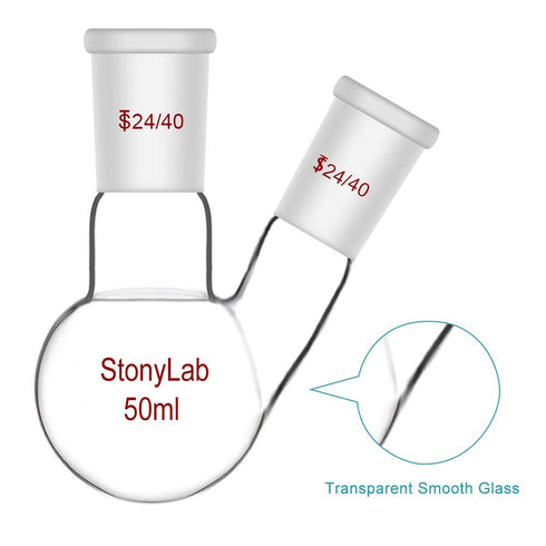 StonyLab 50ml Heavy Wall 2 Neck Round Bottom Flask with 19/22 Center and Side Standard Taper Joint