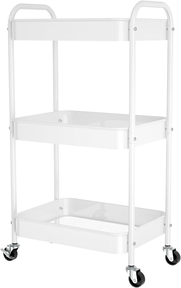 PNVXNUS 3-Tier Rolling Metal Storage Cart with Wheels, Multi-Functional Organizer for Office, Kitchen,