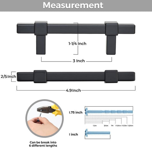 3 Pack Black Cabinet Handles, 3" Hole Center Matte Black Drawer Pulls for Kitchen Cabinets Hardware