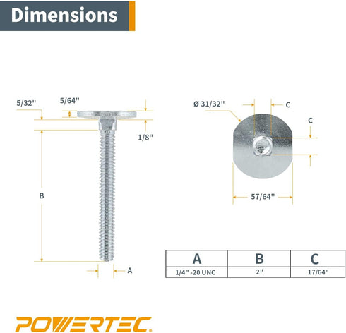 POWERTEC 71614 Miter T Locking Bolts, Improved Flange Bolt & T-bolt Accessory for 3/4" x 3/8" Miter Gauge Slots, 10PK