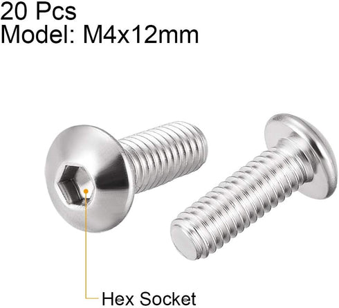 uxcell M4x12mm Machine Screws, Hex Socket Round Head Screw, 304 Stainless Steel Fasteners, 20pcs