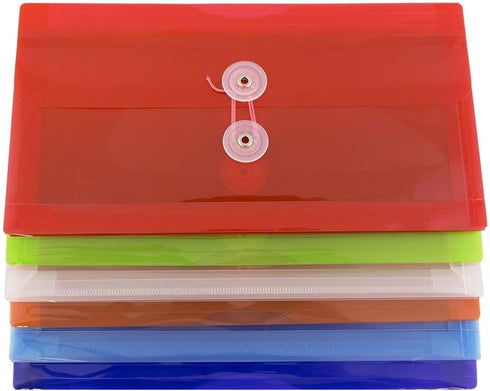 JAM PAPER Plastic Envelopes with Button & String Tie Closure, #10 Business Booklet, 5 1/4 x 10, Assorted Colors, 6/Pack