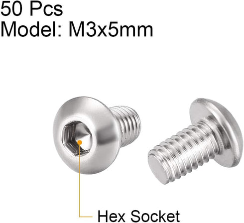 uxcell M3x5mm Machine Screws, Hex Socket Round Head Screw, 304 Stainless Steel Fasteners, 50pcs