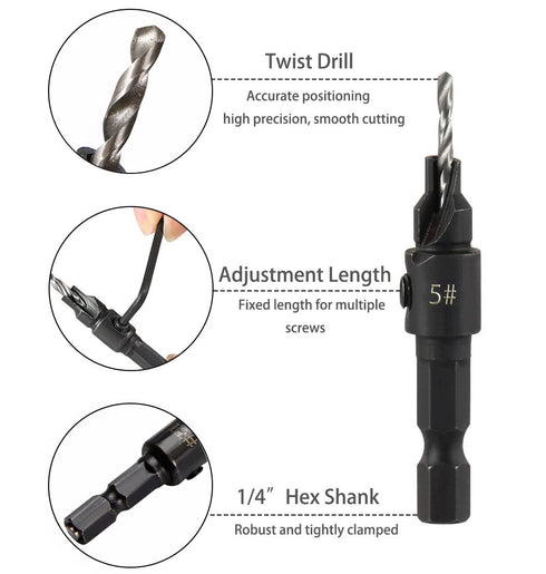 5pcs Wood Countersink Drill Bit Set, Hex Shank Quick Change Counter Sinker, Pilot Bit Set for Woodworking
