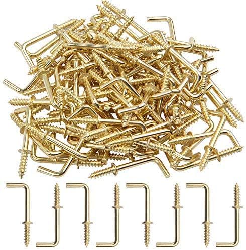 Jdesun Metal Screw in Hooks, 100pcs 3/4 Inch Right Angle Self-Tapping Hooks for Hanging, Gold